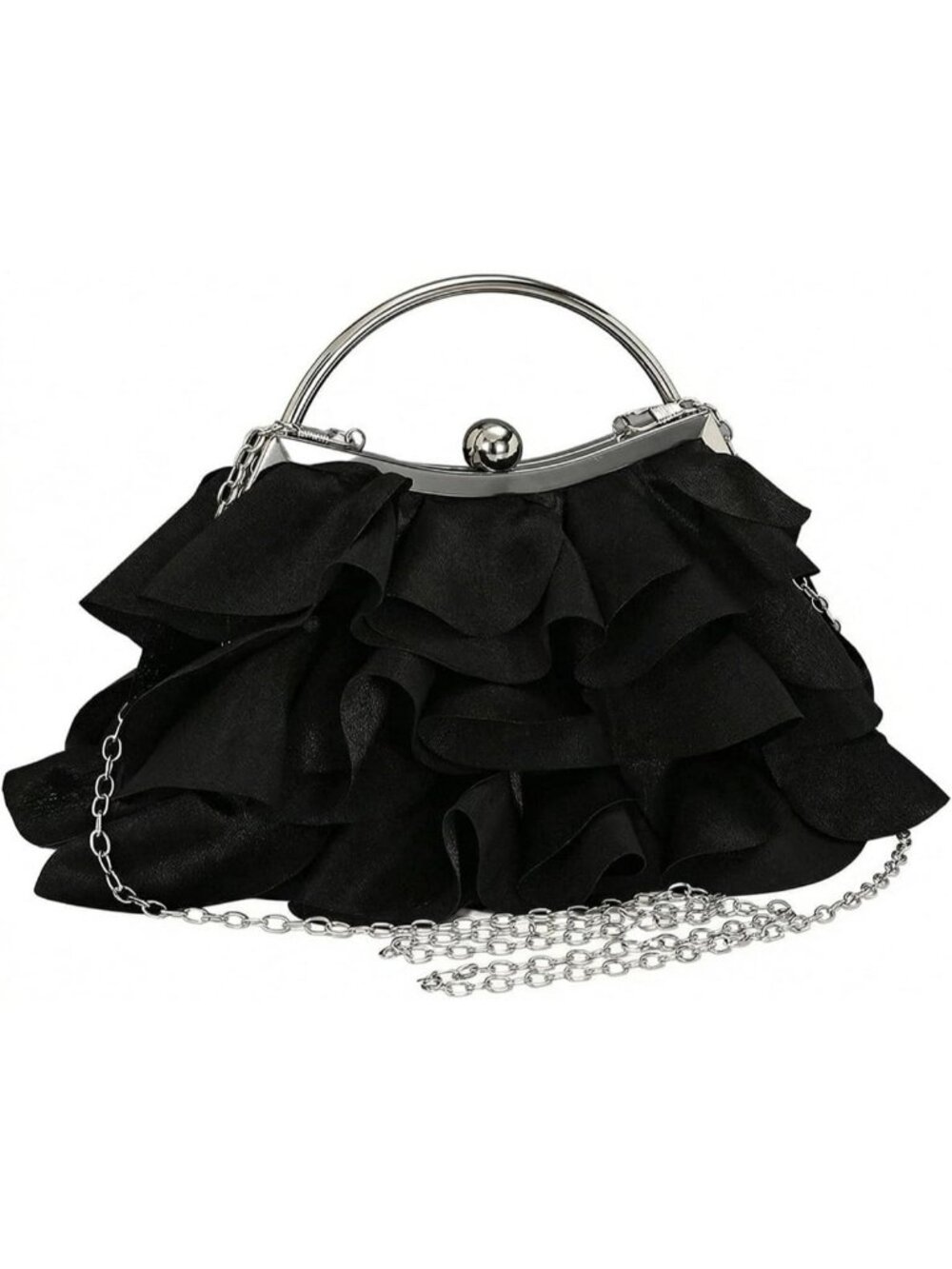 Women's Black Silver Floral Clutch Purse Wedding Guest Bow Evening Crossbody Bag